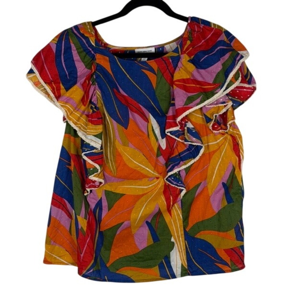 Marc New York Jeans Tropical Leaf Eyelet Ruffle Top Multi Color Women 1X